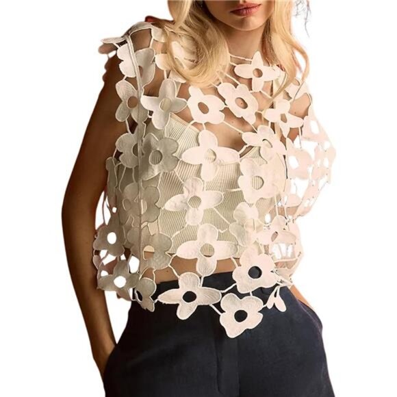 Tops - Women's Hollow Out Floral Lace Vest Sleeveless Crewneck Crochet Cover